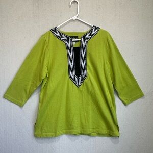 Bob Mackie Women's Lime Green Tunic Top Sz L Black & White Embroidered Placket